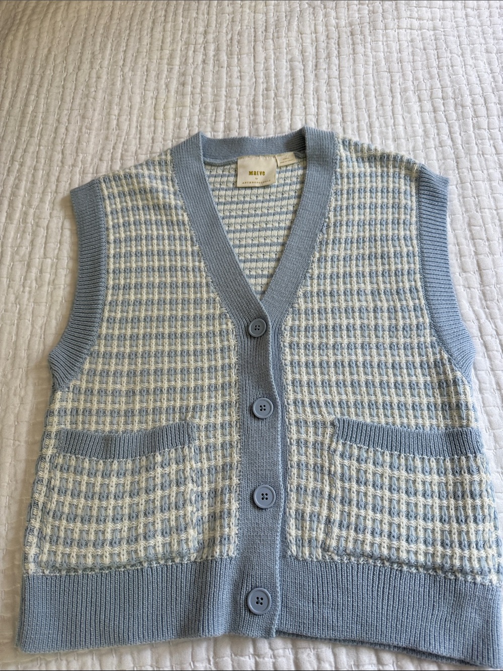 Maeve Pale Blue and Cream Striped Waffle Knit Vest